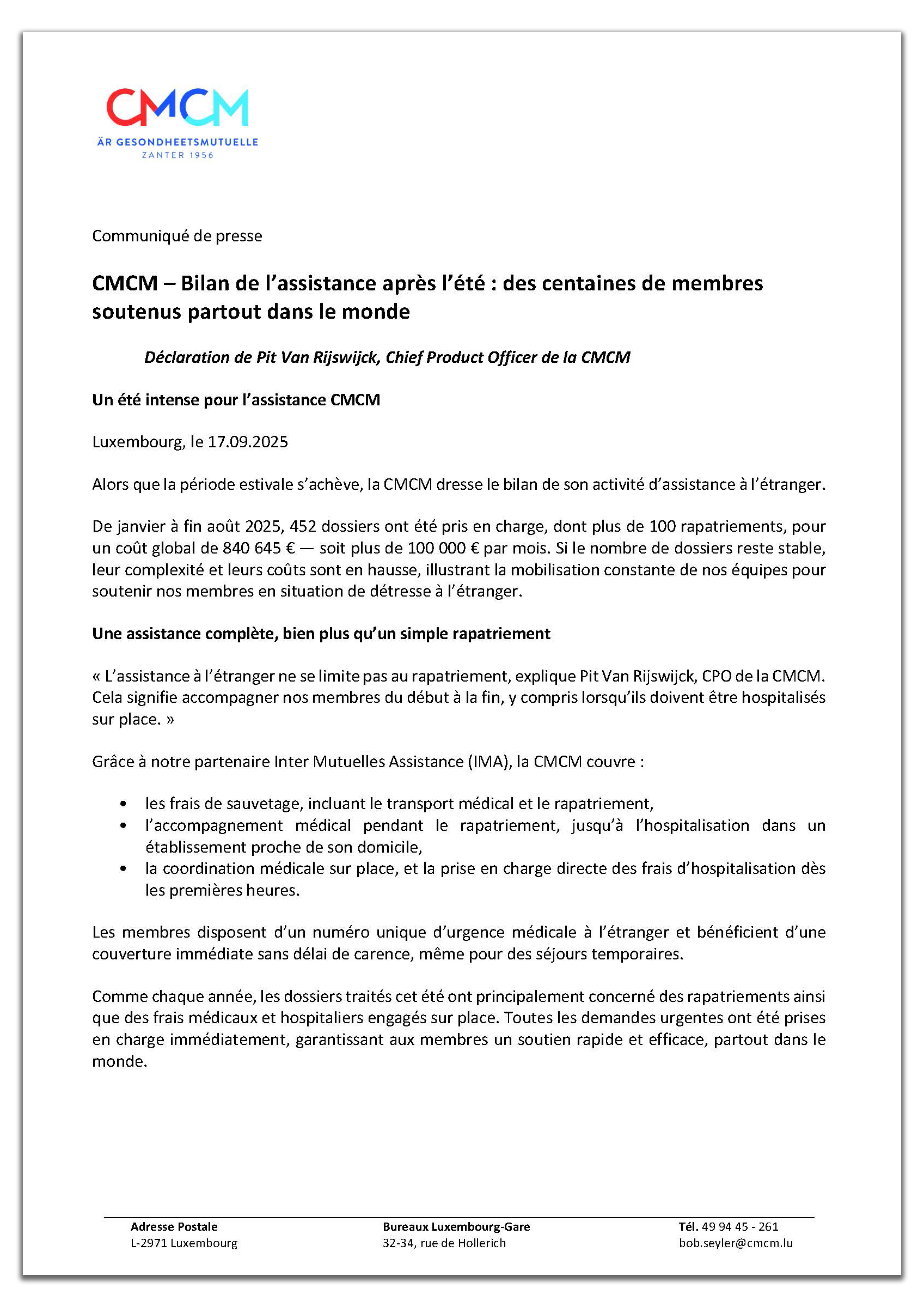 Communiqué de presse sur le bilan de l’assistance après l’été 2025